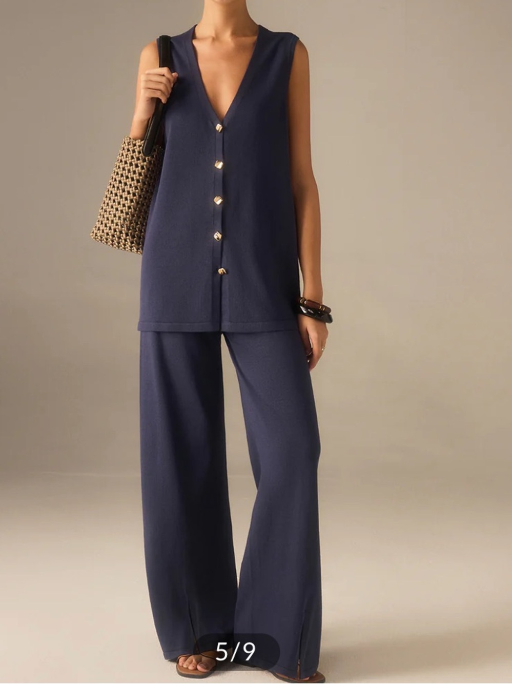 Golden Button Knit Vest Pants Set - Picture 5 of 7